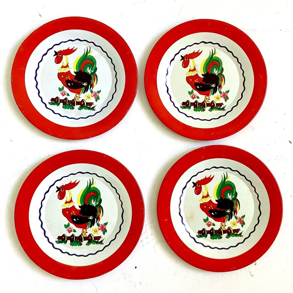 Vintage 40’s farmhouse rooster litho tin coasters tiny plates set of 4